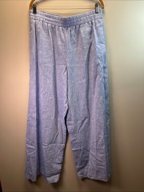 Zara Light Blue Wide Leg Linen/cotton Elastic Waist Casual Pants